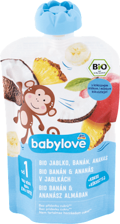 Bio gyümölcspüré banán és ananász almában, kókusztejjel, 1 éves kortól babylove