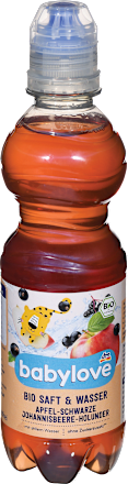 Saft Bio Apfel-schwarze Johannisbeere-Holunder mit Wasser ab 1 Jahr babylove