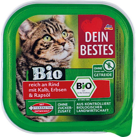 Krmivo pre mačky v miske bio hovädzie a teľacie mäso, hrášok a repkový olej Dein Bestes