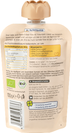 Bio gyümölcspüré alma-banán-eper zabpehellyel, 1 éves kortól dmBio