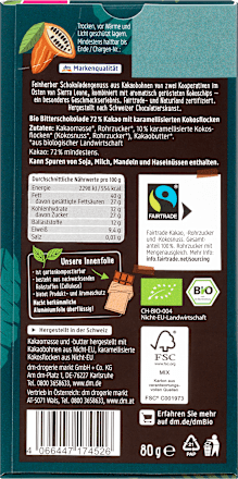 Bio étcsokoládé 72% kakaótartalommal, karamellizált kókuszpehellyel dmBio
