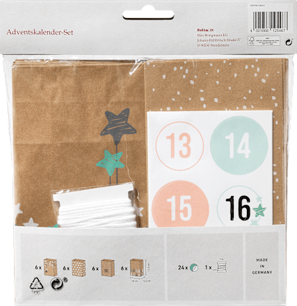 Adventskalender-Set mit bedruckten Papiertüten, Kordel & Stickern, natur-mint Dekorieren & Einrichten