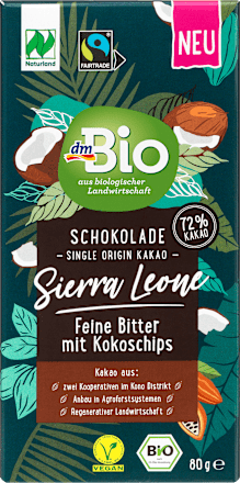 Bio étcsokoládé 72% kakaótartalommal, karamellizált kókuszpehellyel dmBio