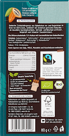 Schokolade, "Sierra Leone" Feine Bitter mit Kokoschips  dmBio