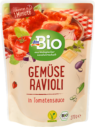 Fertiggericht, Ravioli mit Gemüse gefüllt in Tomatensauce dmBio