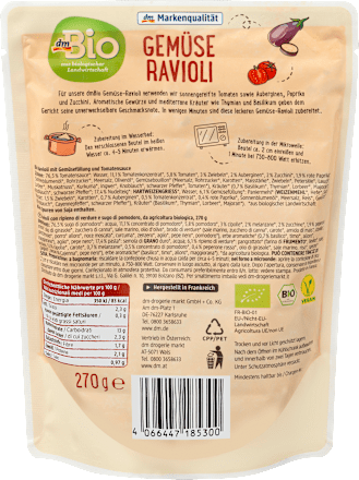 Fertiggericht, Ravioli mit Gemüse gefüllt in Tomatensauce dmBio