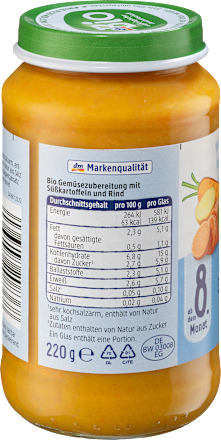 Menü Karotten mit Süßkartoffeln und Rind ab dem 8. Monat dmBio
