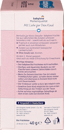 Herbatka owocowa dla niemowląt bio, po 5. miesiącu życia (20 x 2 g) babylove