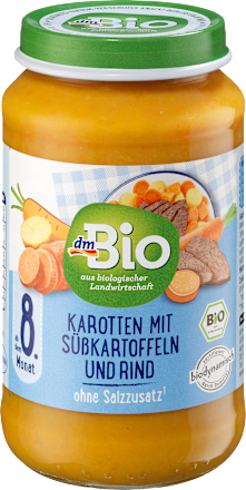 Menü Karotten mit Süßkartoffeln und Rind ab dem 8. Monat dmBio