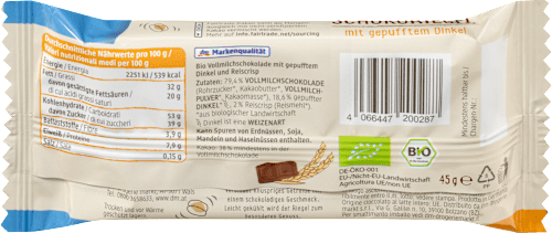 Bio tejcsokoládés szelet puffasztott tönkölybúzával dmBio