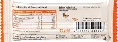 Barretta di frutta con mango Bio e datteri Bio dmBio