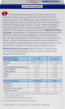 Prehransko dopolnilo Premium Curcuma z vitaminom C, vitaminom D3 in izvlečkom kurkume (30 kapsul) Mivolis