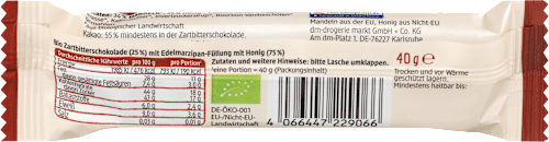 Barretta bio al cioccolato fondente con ripieno al marzapane dmBio