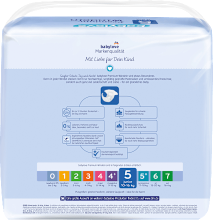 Windeln Premium Gr. 5, Junior,10-16 kg babylove