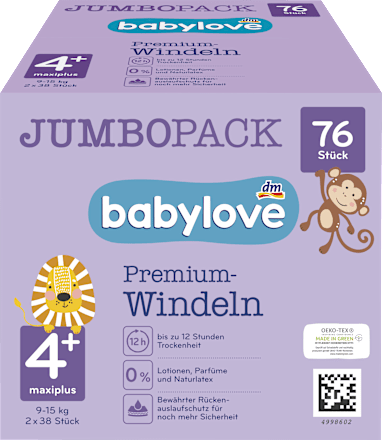 Windeln Premium Gr. 4+ Maxiplus (9-15 kg), Jumbo Pack babylove