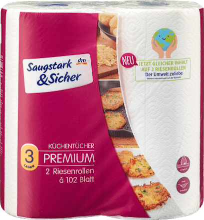 Ręcznik papierowy 3-warstwowy, 2 rolki x 102 listki, Premium Saugstark&Sicher