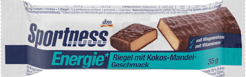 Energiaszelet kókusz-mandula ízű, étcsokoládé-bevonattal, magnéziummal és vitaminokkal Sportness