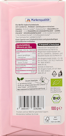 Bio bela čokolada z jogurtom ter s koščki brusnic, malin in borovnic dmBio
