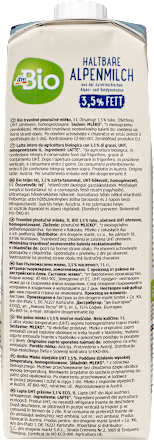 Bio alpesi tartós teljes tej 3,5% zsírtartalommal, UHT-hőkezelt dmBio