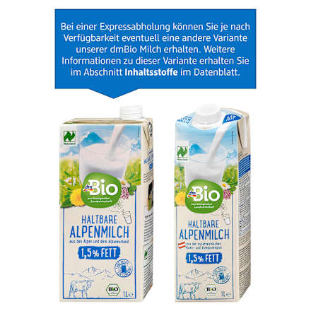 Bio alpesi tartós zsírszegény tej 1,5% zsírtartalommal, UHT-hőkezelt dmBio
