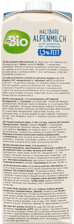 Bio alpesi tartós zsírszegény tej 1,5% zsírtartalommal, UHT-hőkezelt dmBio