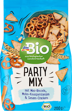 Party Mix, Mini-Brezeln, Mohn-Knusperstangen & Sesam-Cracker dmBio