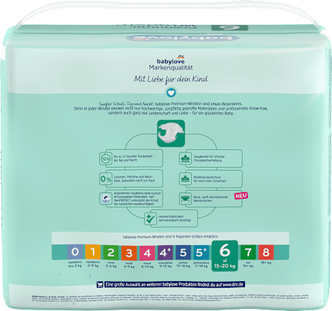 Windeln Premium Gr. 6, XXL, 15-20 kg, Monatspack babylove