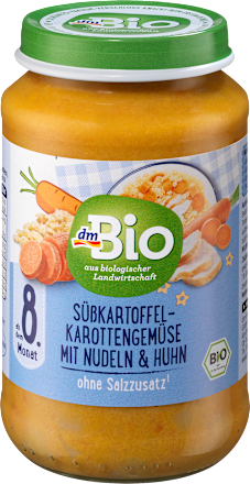 Menü Süßkartoffel-Karottengemüse mit Nudeln und Huhnab dem 8. Monat dmBio