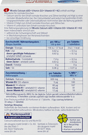 Calcium 600 + Vitamin D3 + Vitamin K1 + K2 Tabletten Mivolis