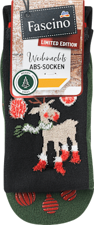 ABS Socken XMAS mit Rentier-Motiv, schwarz & grün, Gr. 35-38 Fascino