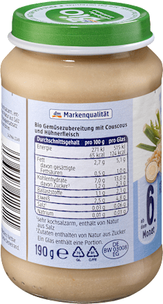 Bio bébimenü édeskömény-pasztinák kuszkusszal és csirkével, 6. hónapos kortól dmBio