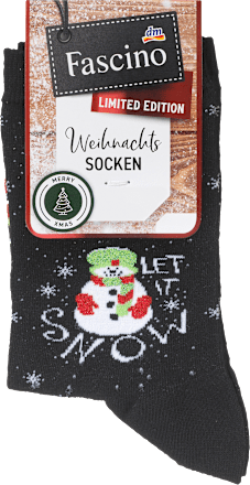Socken XMAS mit Schneemann-Motiv, schwarz, Gr. 35-38 Fascino