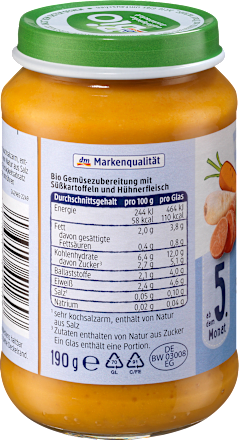 Menü Gemüse mit Süßkartoffeln und Huhn ab dem 5. Monat dmBio