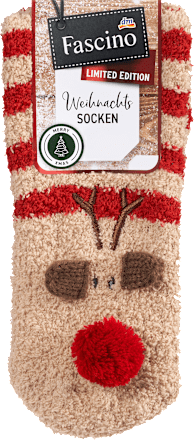 Kuschelsocken mit Rentier-Motiv, beige & rot Gr.35-38 Fascino