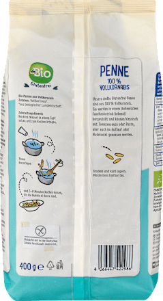 Nudeln, Penne aus Vollkornreis, glutenfrei dmBio