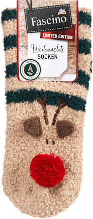Kuschelsocken mit Rentier-Motiv beige & grün Gr. 35-38 Fascino