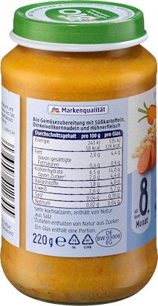 Bio zelenjavni pripravek s sladkim krompirjem, testeninami in kokošjim mesom, od 8. meseca dmBio