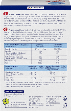 Kieselerde + Biotin + Zink, Tabletten 120 St. Mivolis