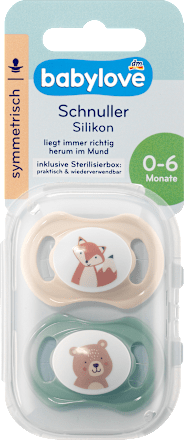 Schnuller Silikon symmetrisch, beige/grün, Gr.1, 0-6 Monate babylove
