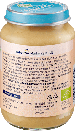 Bio bébidesszert gyümölcsök teljes értékű gabonapelyhekkel, 6. hónapos kortól babylove