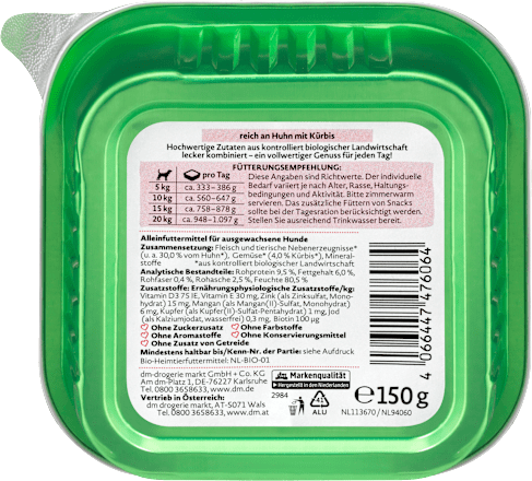 Bio popolna hrana za odrasle pse s kokošjo in bučo DEIN BESTES