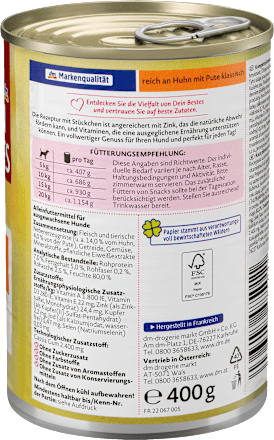 Nassfutter Hund reich an Huhn mit Pute, Multipack (6x400 g) Dein Bestes