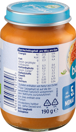 Bio bébimenü bolognai spagetti, 5. hónapos kortól babylove