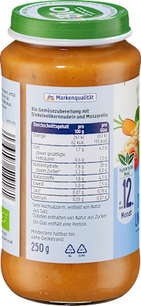 Warzywa z makaronem orkiszowym i mozarellą, od 12. miesiąca życia dmBio