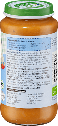 Warzywa z makaronem orkiszowym i mozarellą, od 12. miesiąca życia dmBio