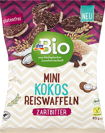 Bio mini riževi vaﬂji s temno čokolado in kokosovimi kosmiči dmBio