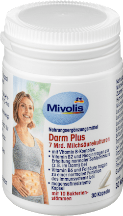 Prehransko dopolnilo Darm Plus z vitamini, mlečnokislinskimi bakterijami in inulinom Mivolis