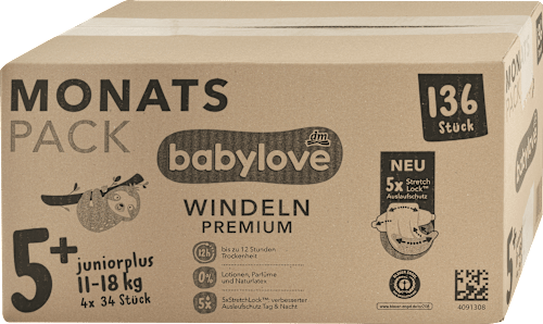 Plienky Premium - veľ. 5+ JuniorPlus (11-18 kg) Monats Pack babylove
