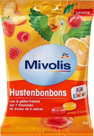 Köhögés elleni cukorka gyerekeknek, gyümölcsös ízű, édesítőszerekkel Mivolis