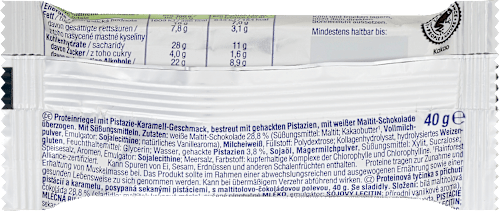 Fehérjeszelet 34%, pisztácia-karamell ízű, fehér maltit-csokoládé-bevonattal, édesítőszerekkel Sportness